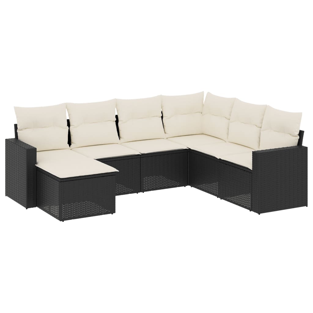 7-delige Loungeset met kussens poly rattan zwart