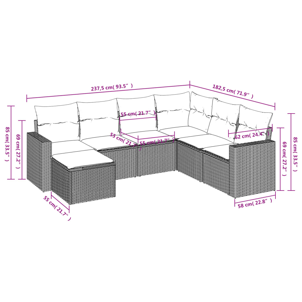 7-delige Loungeset met kussens poly rattan zwart