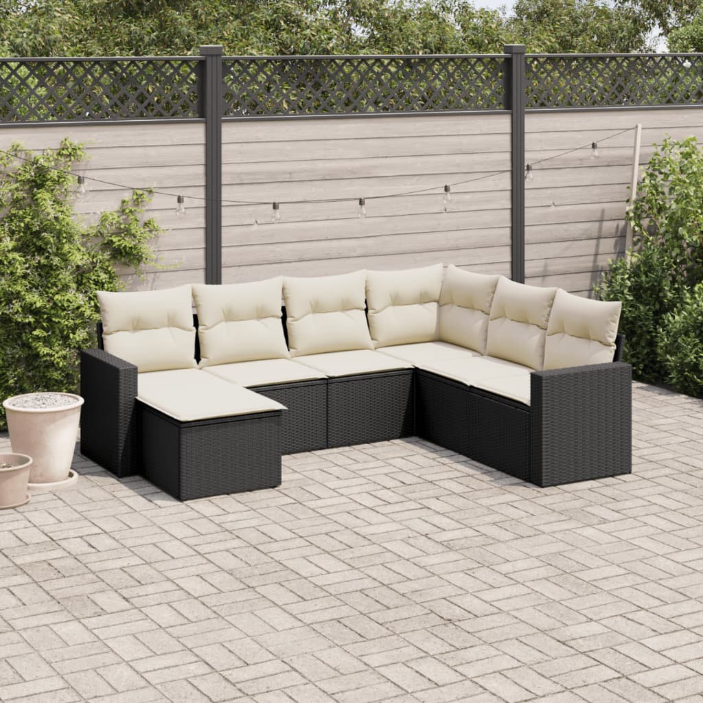 7-delige Loungeset met kussens poly rattan zwart