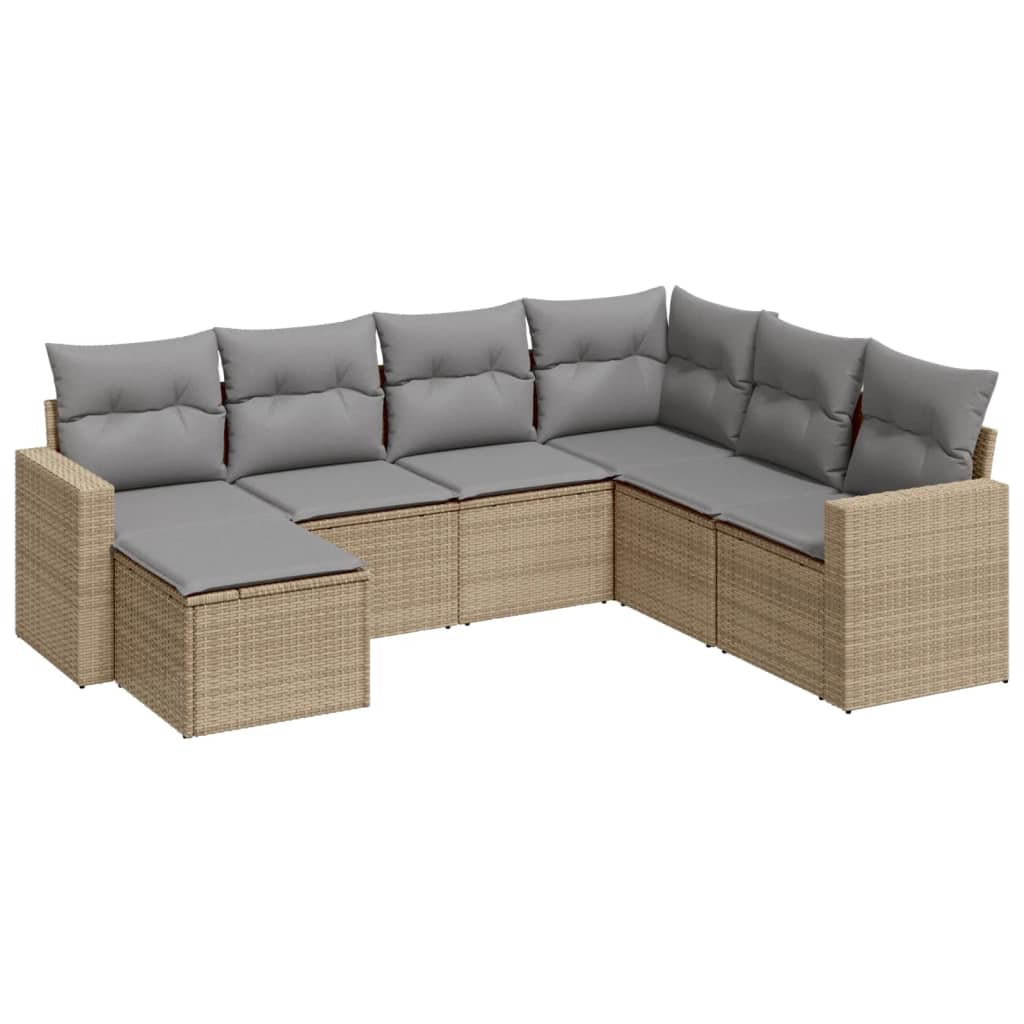 7-delige Loungeset met kussens poly rattan beige