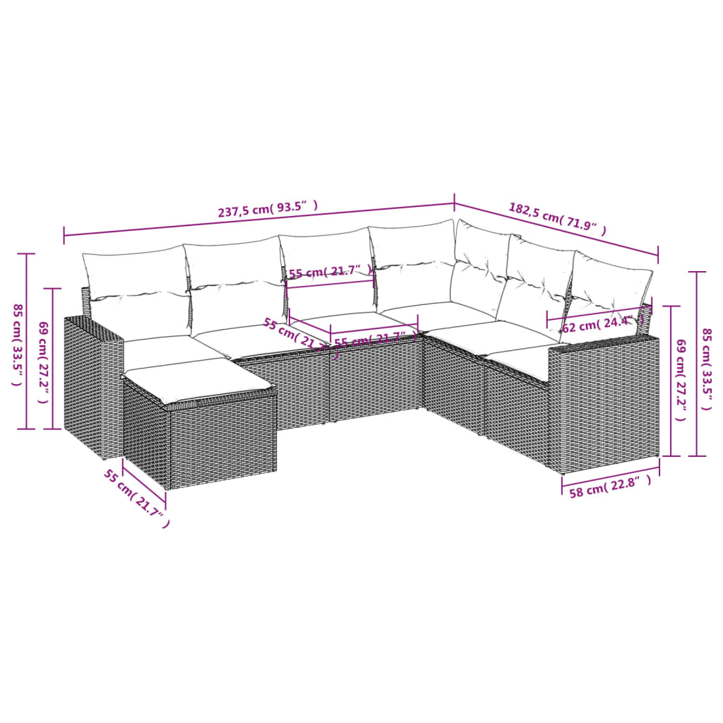 7-delige Loungeset met kussens poly rattan beige