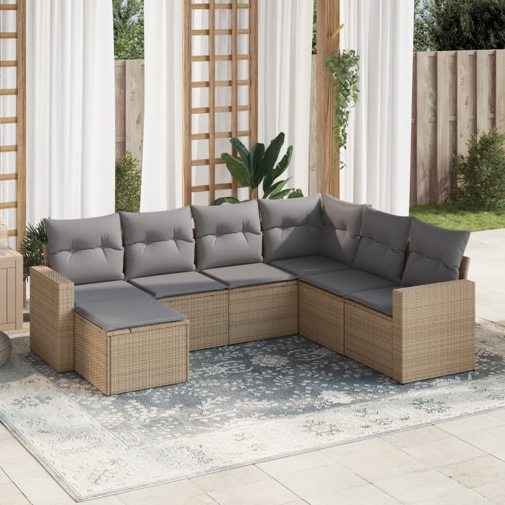 7-delige Loungeset met kussens poly rattan beige