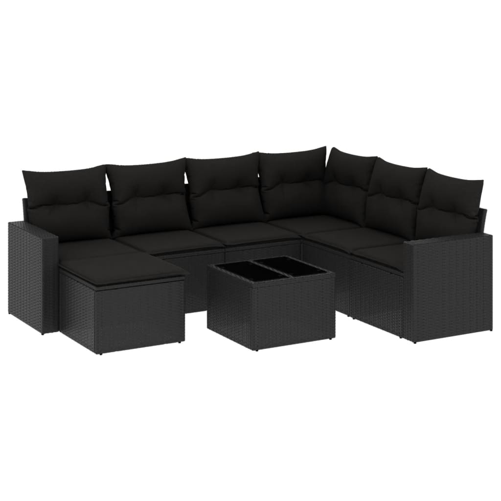 8-delige Loungeset met kussens poly rattan zwart