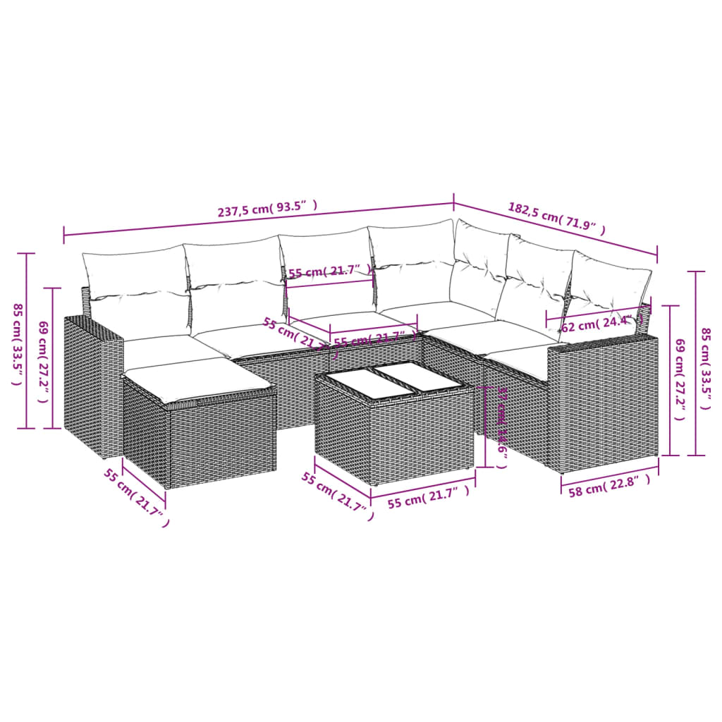 8-delige Loungeset met kussens poly rattan zwart