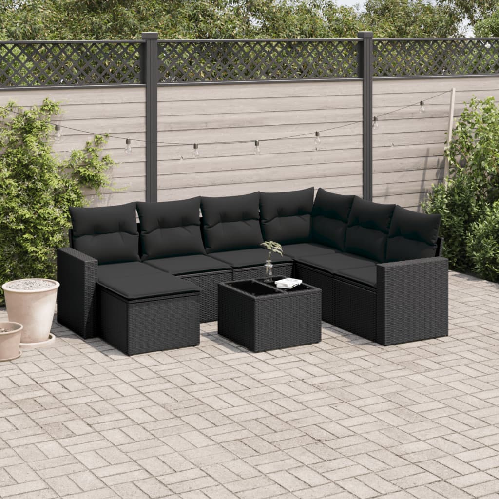 8-delige Loungeset met kussens poly rattan zwart