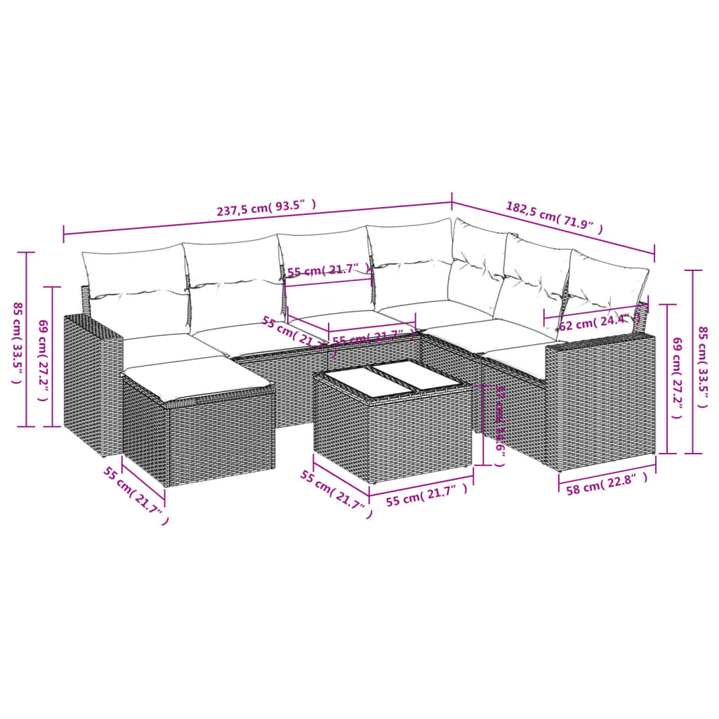 8-delige Loungeset met kussens poly rattan bruin