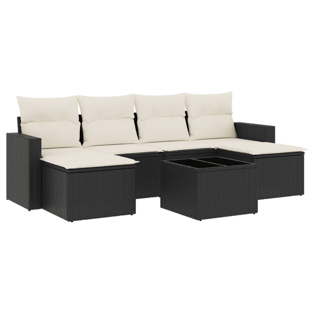 7-delige Loungeset met kussens poly rattan zwart