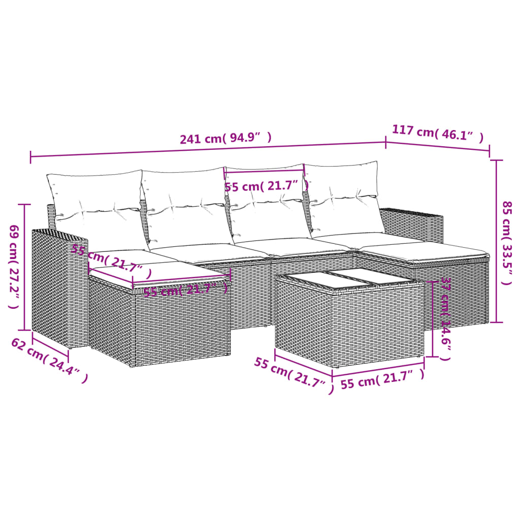 7-delige Loungeset met kussens poly rattan zwart