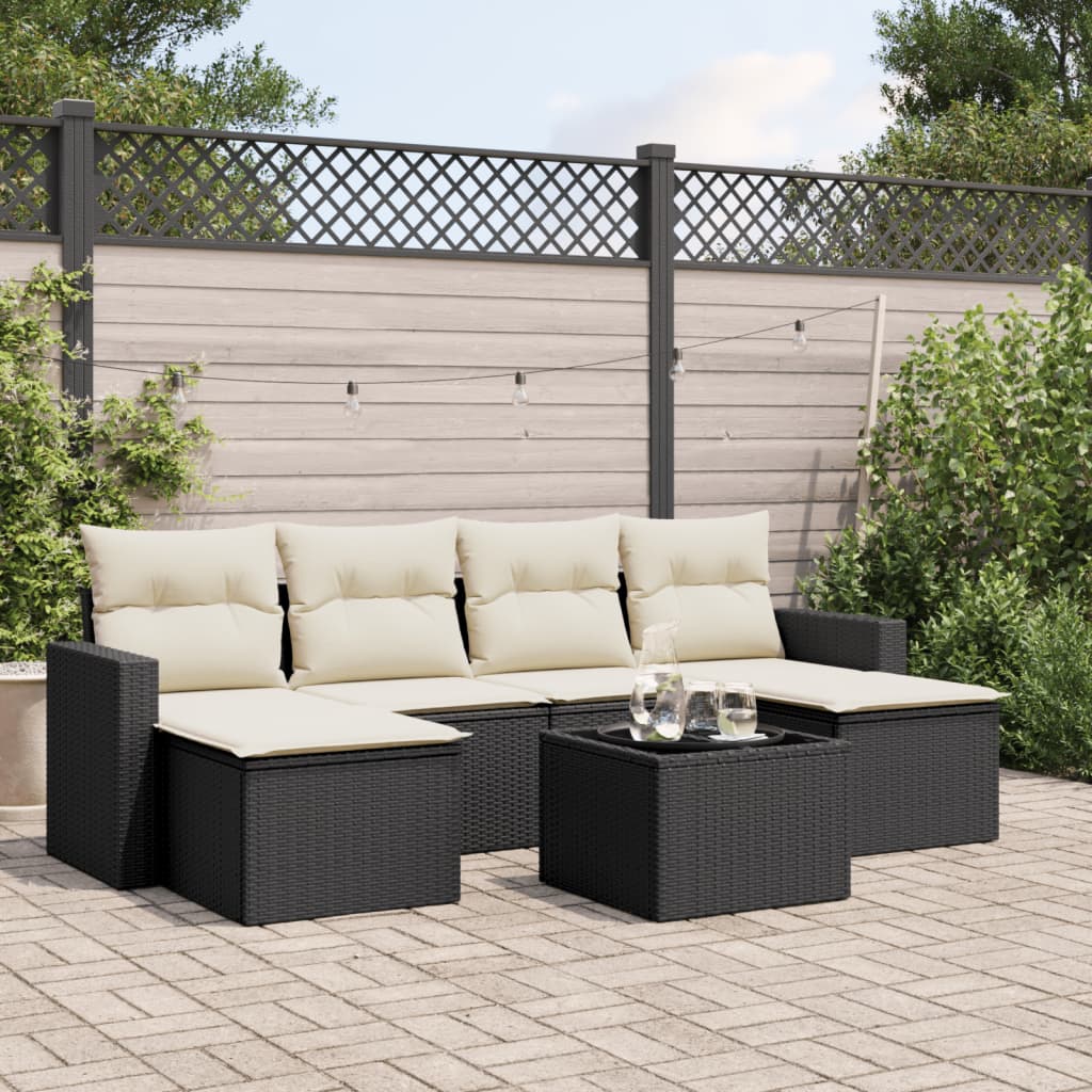 7-delige Loungeset met kussens poly rattan zwart