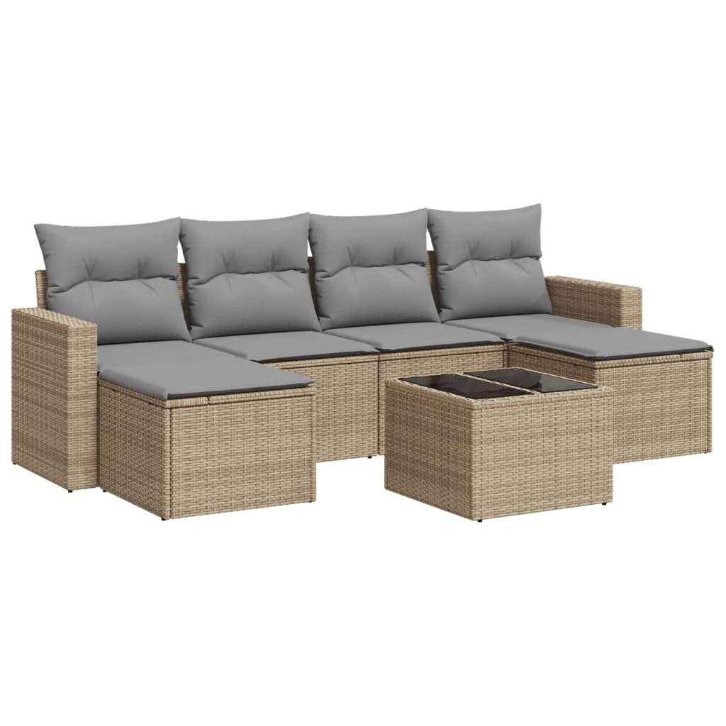 7-delige Loungeset met kussens poly rattan beige