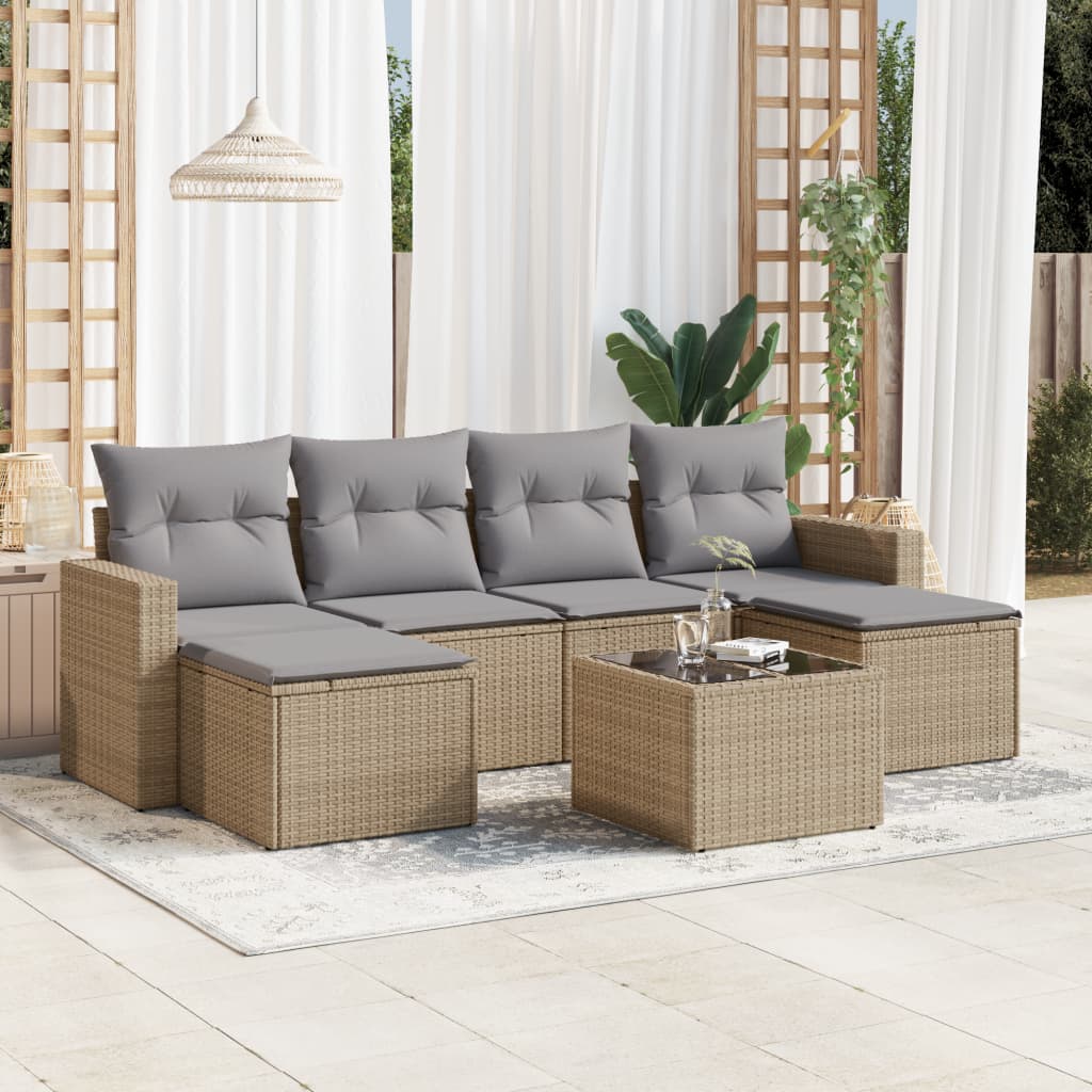 7-delige Loungeset met kussens poly rattan beige