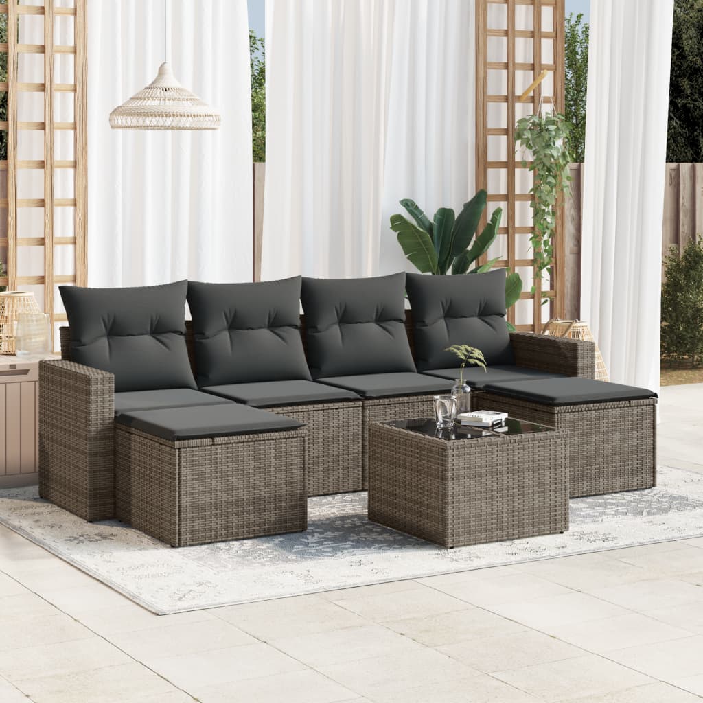 7-delige Loungeset met kussens poly rattan grijs