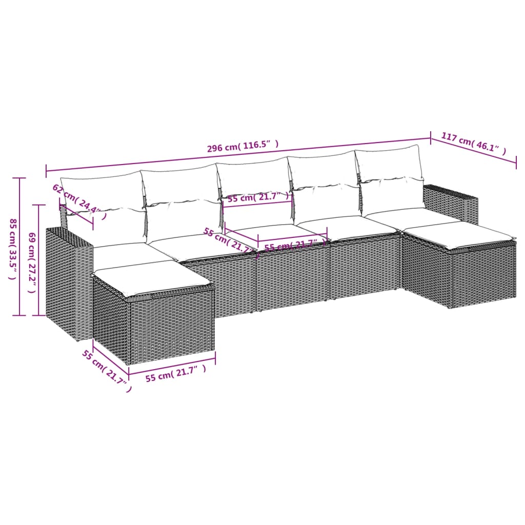 7-delige Loungeset met kussens poly rattan lichtgrijs