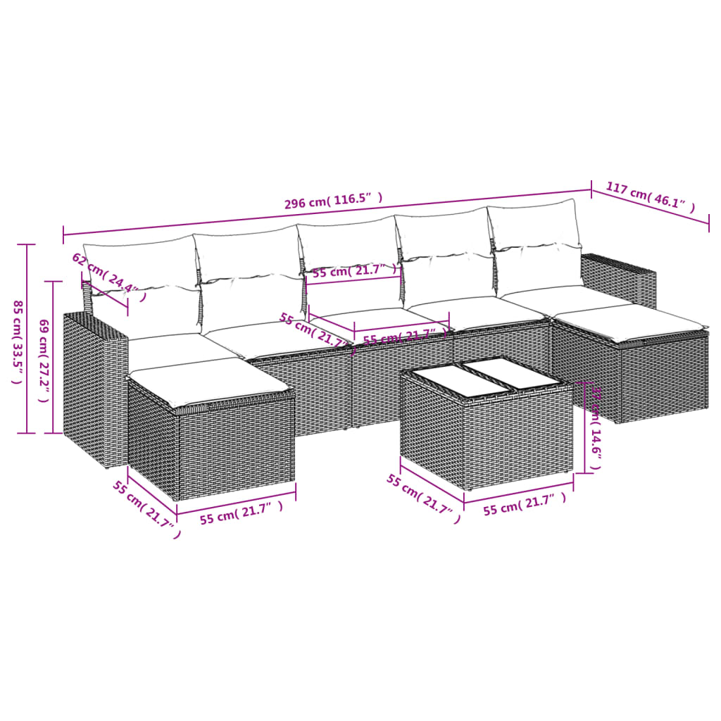 8-delige Loungeset met kussens poly rattan zwart