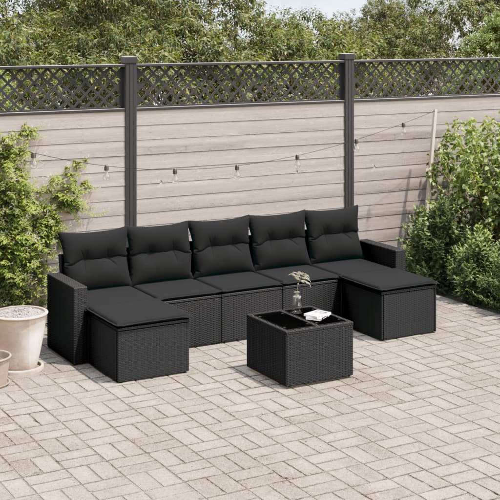 8-delige Loungeset met kussens poly rattan zwart