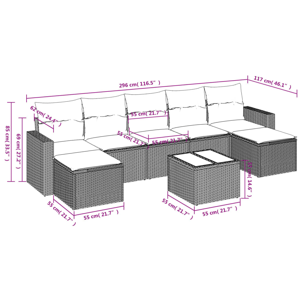 8-delige Loungeset met kussens poly rattan bruin