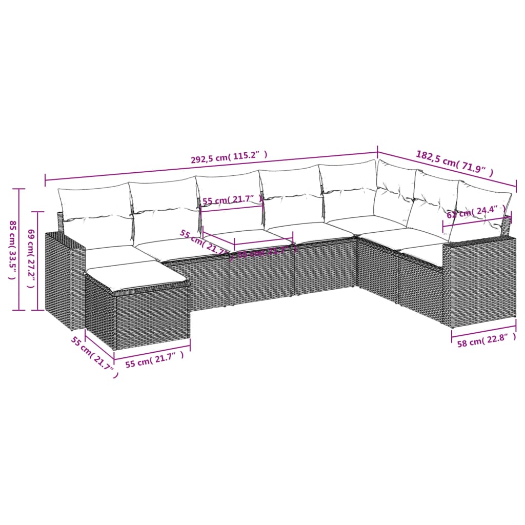 8-delige Loungeset met kussens poly rattan zwart