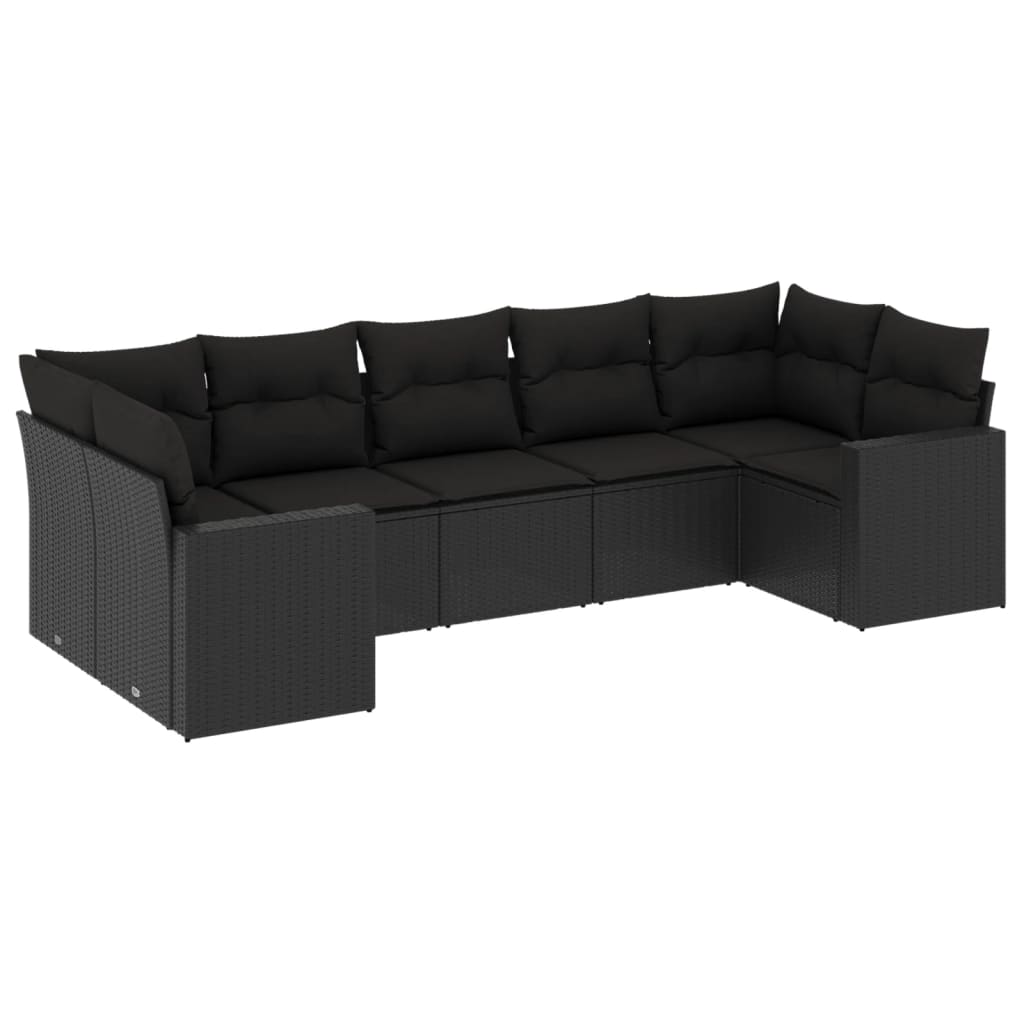 7-delige Loungeset met kussens poly rattan zwart