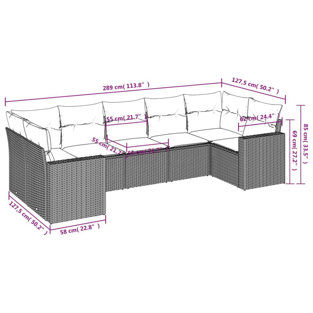 7-delige Loungeset met kussens poly rattan zwart