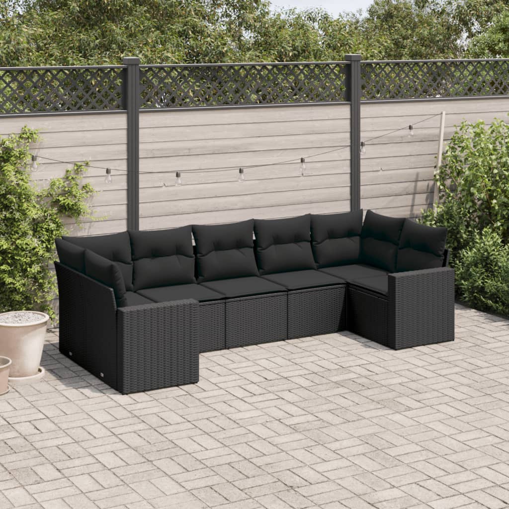 7-delige Loungeset met kussens poly rattan zwart