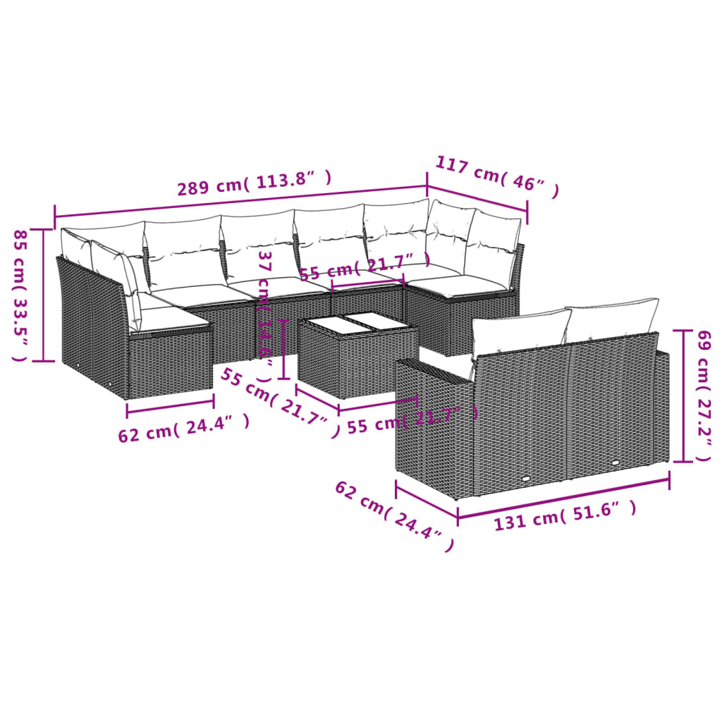 10-delige Loungeset met kussens poly rattan bruin