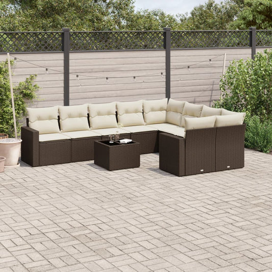 10-delige Loungeset met kussens poly rattan bruin