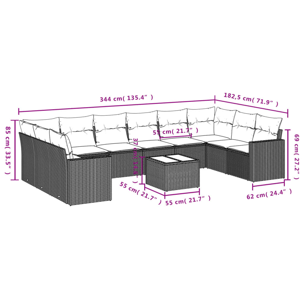 11-delige Loungeset met kussens poly rattan bruin