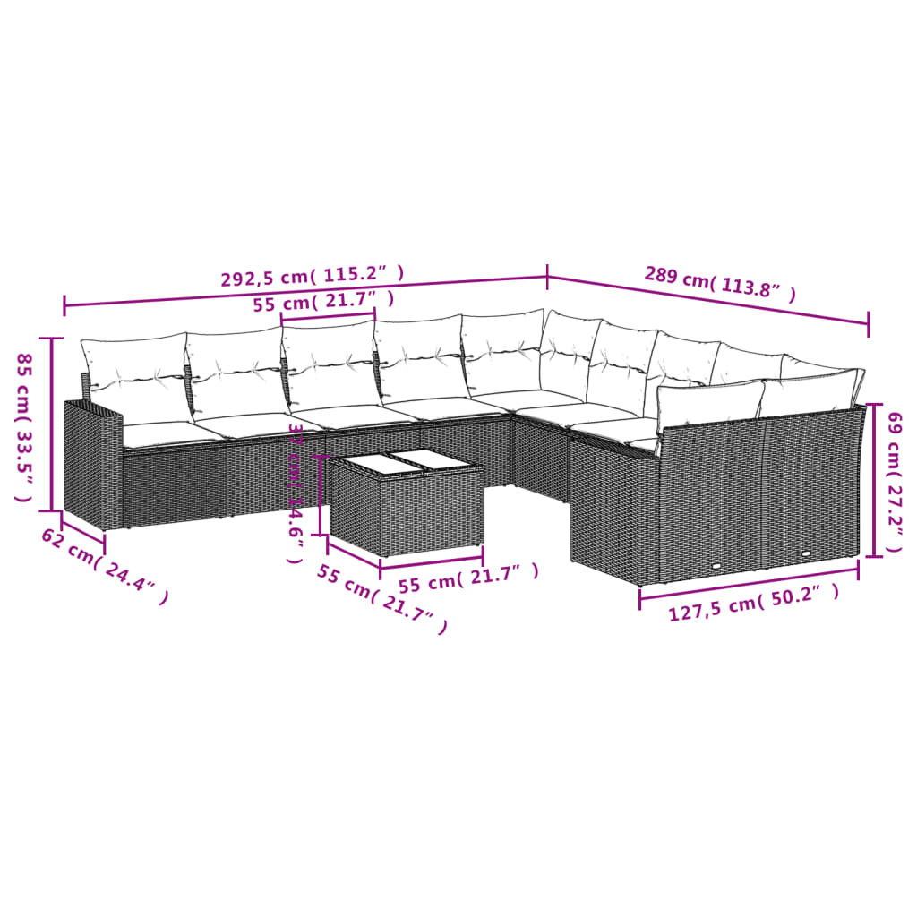 11-delige Loungeset met kussens poly rattan bruin