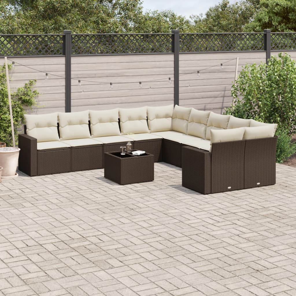 11-delige Loungeset met kussens poly rattan bruin