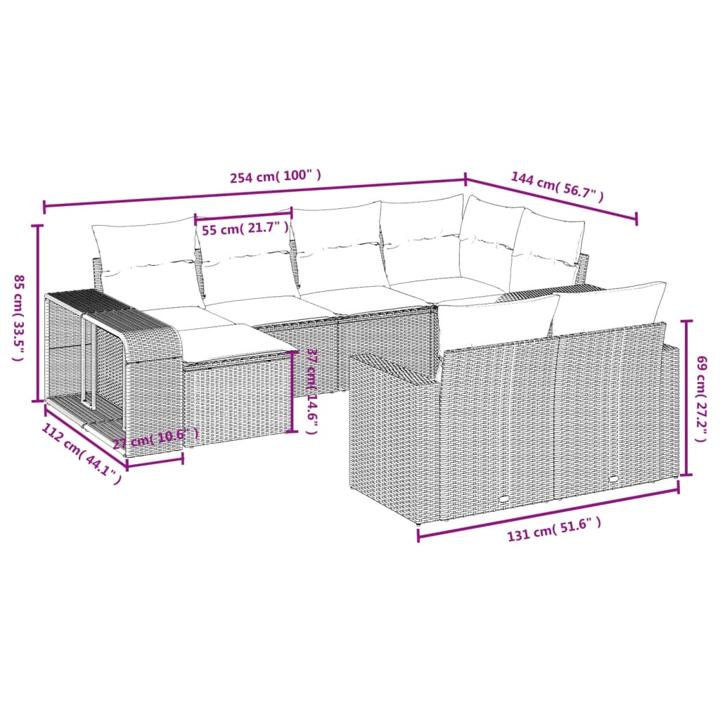 10-delige Loungeset met kussens poly rattan bruin