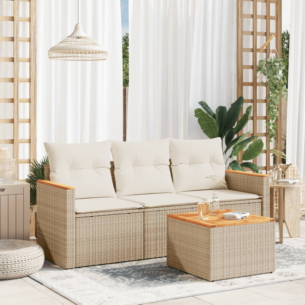 4-delige Loungeset met kussens poly rattan beige