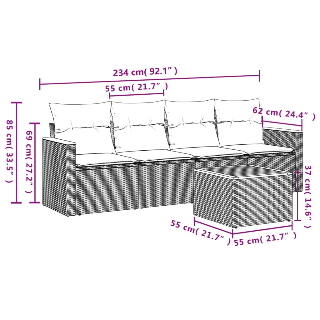 5-delige Loungeset met kussens poly rattan beige