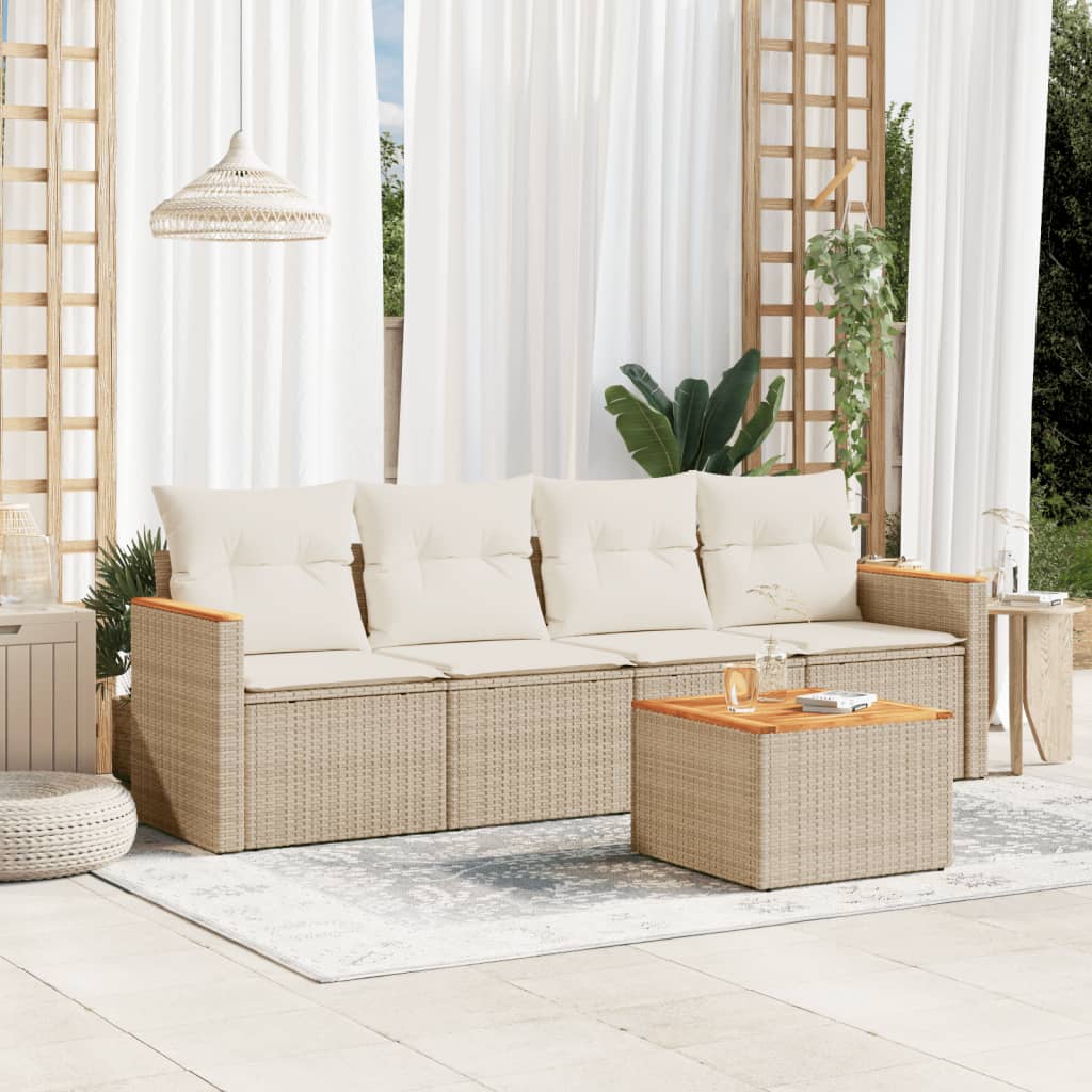 5-delige Loungeset met kussens poly rattan beige