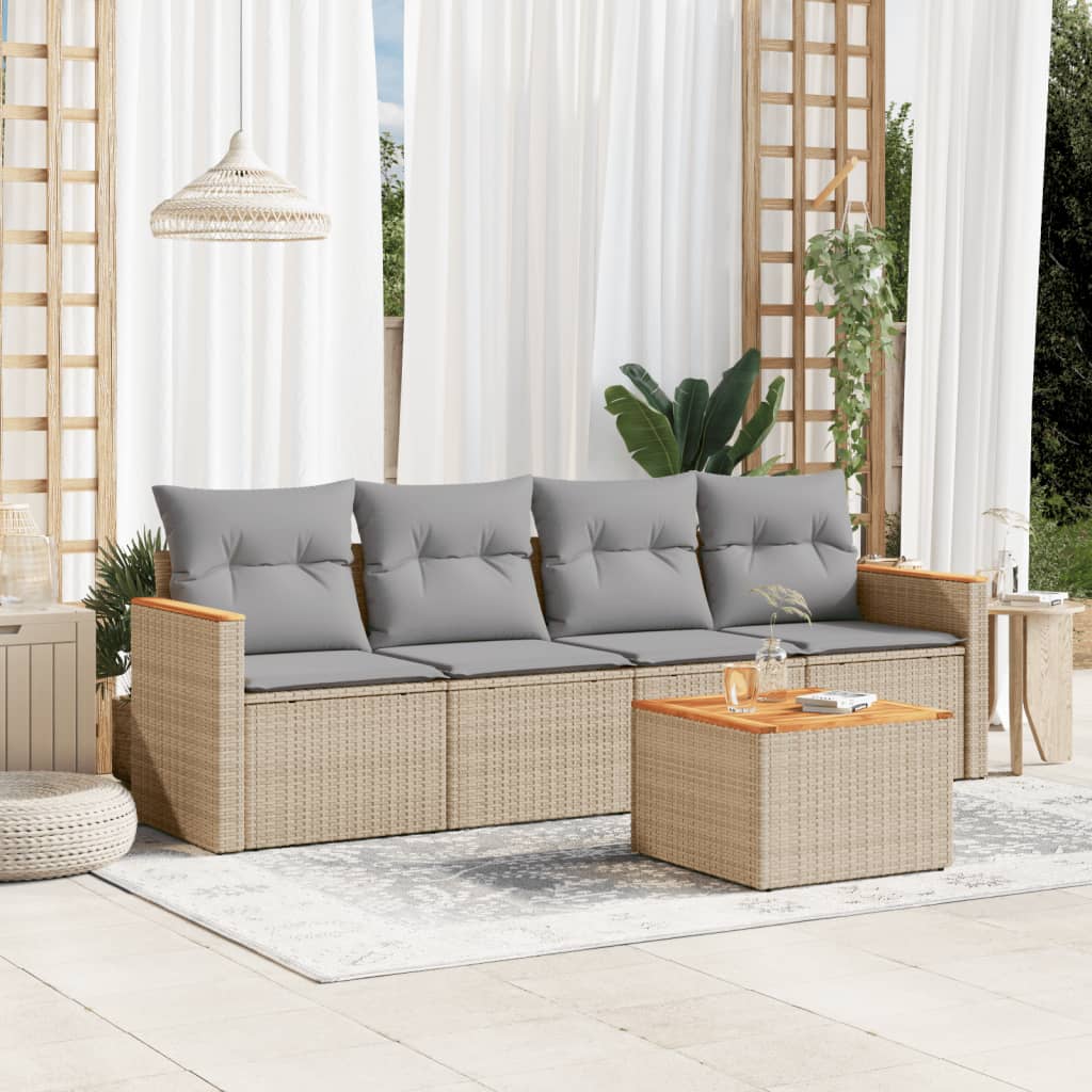 5-delige Loungeset met kussens poly rattan gemengd beige