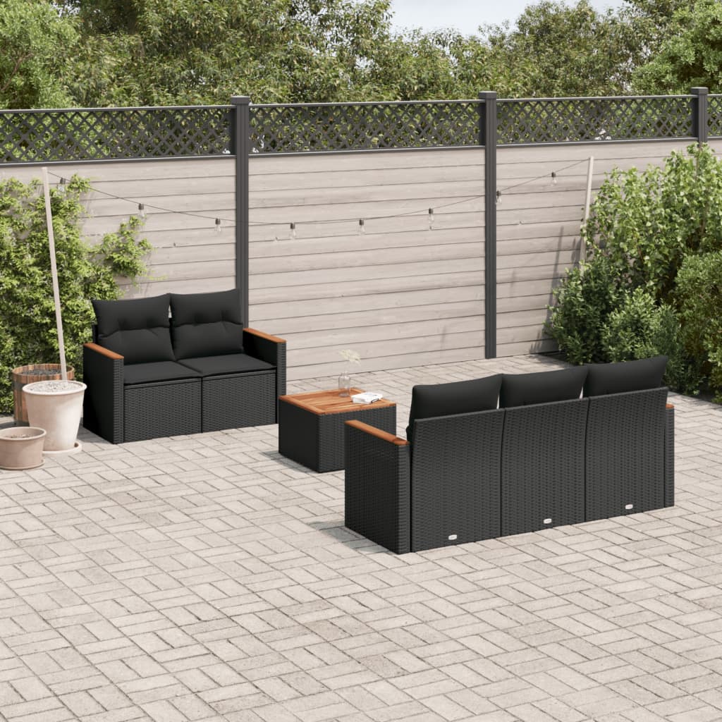 6-delige Loungeset met kussens poly rattan zwart