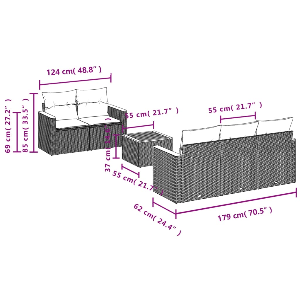 6-delige Loungeset met kussens poly rattan zwart