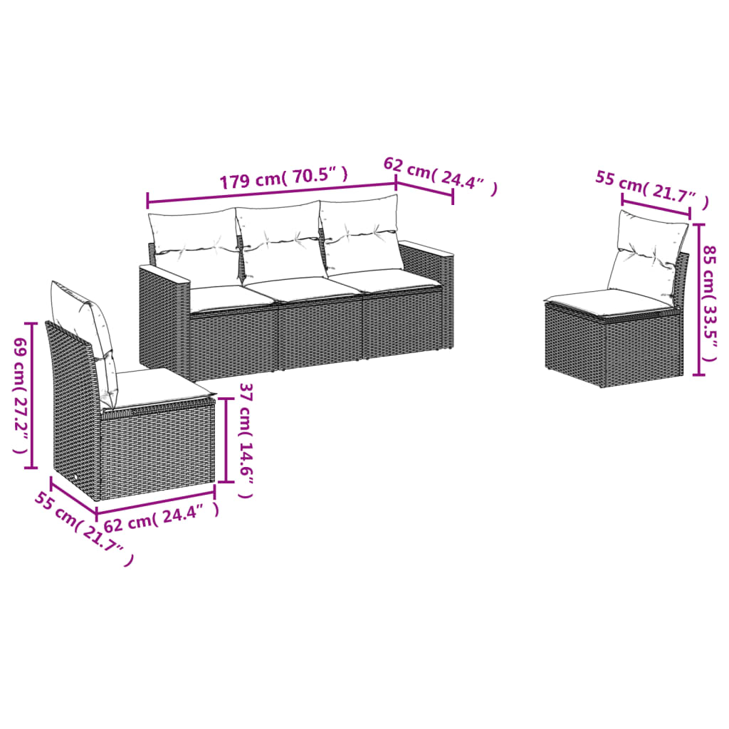 5-delige Loungeset met kussens poly rattan zwart