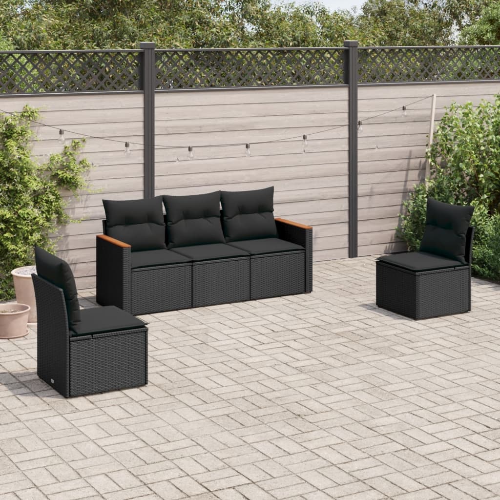 5-delige Loungeset met kussens poly rattan zwart