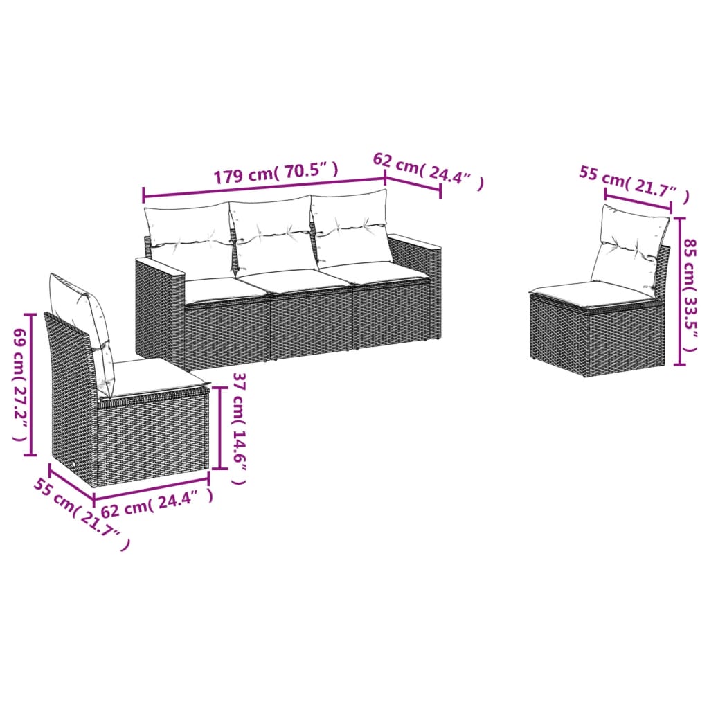 5-delige Loungeset met kussens poly rattan grijs