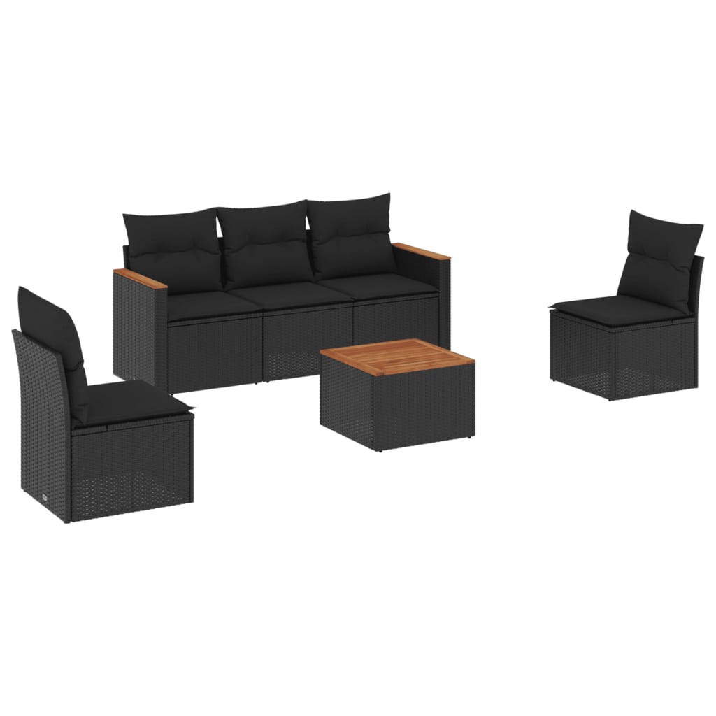 6-delige Loungeset met kussens poly rattan zwart