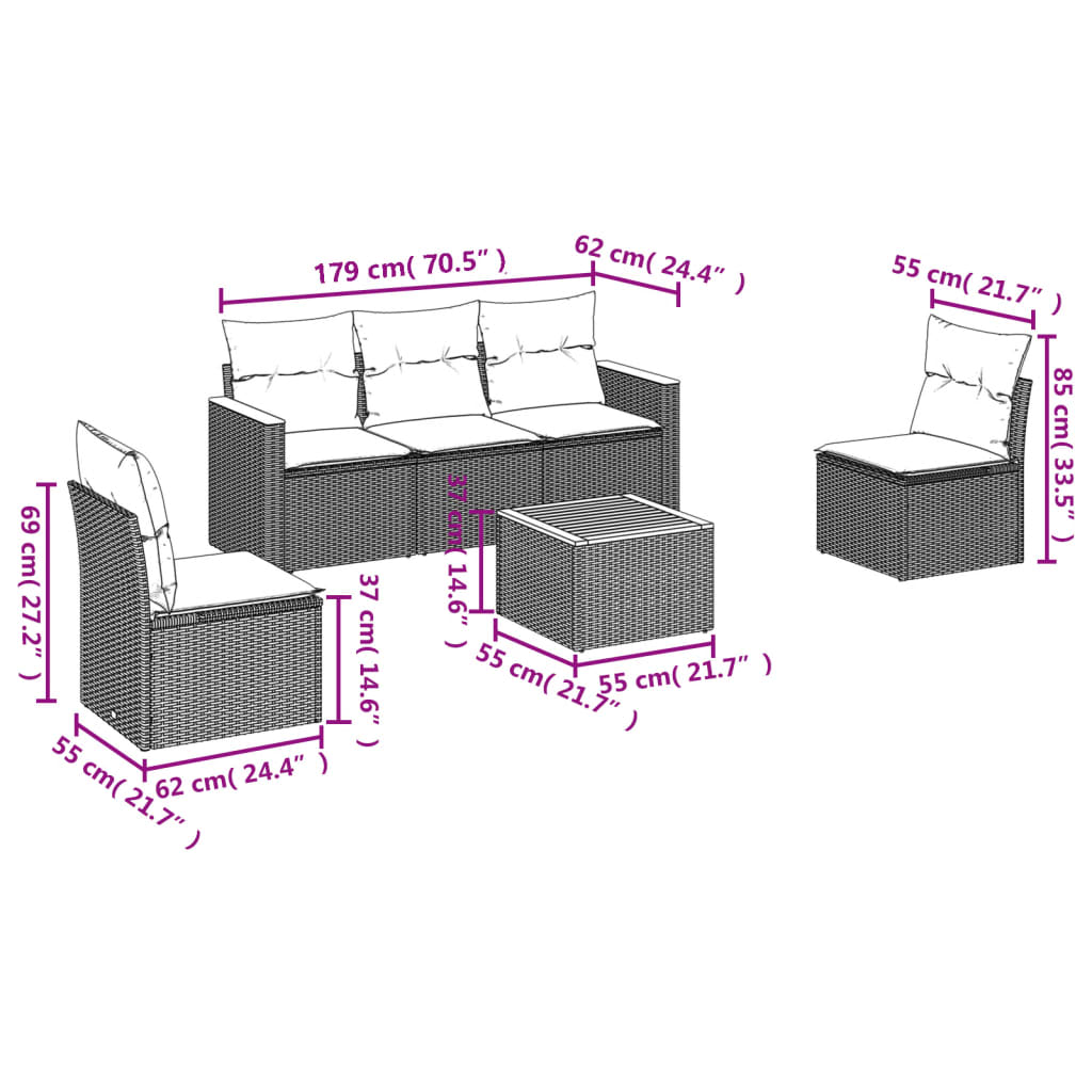 6-delige Loungeset met kussens poly rattan zwart