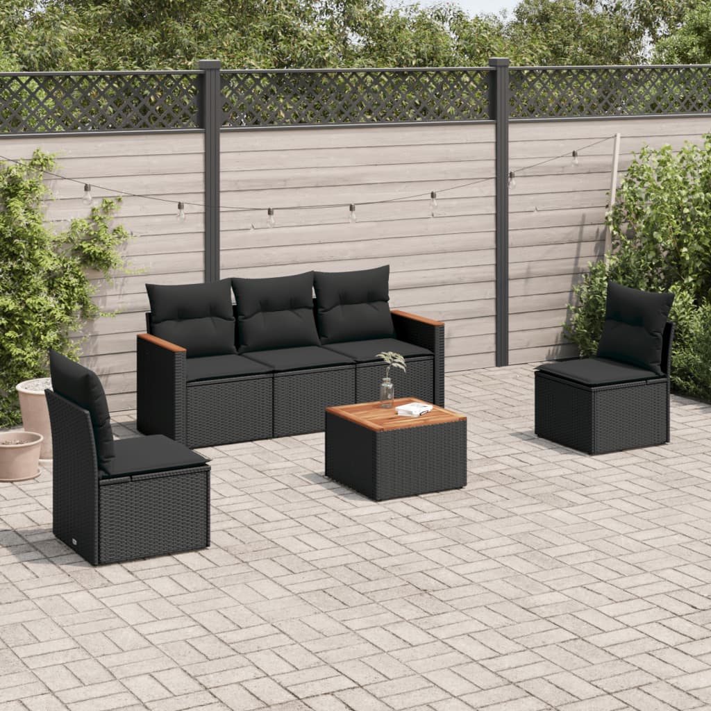 6-delige Loungeset met kussens poly rattan zwart