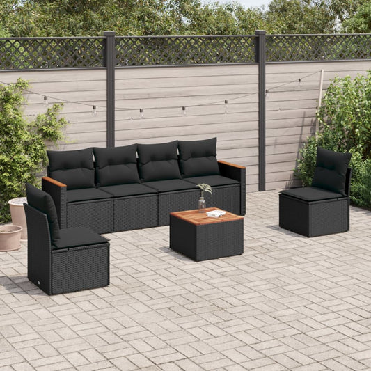 7-delige Loungeset met kussens poly rattan zwart