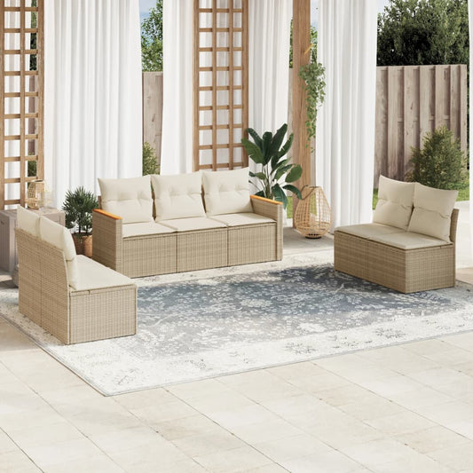 7-delige Loungeset met kussens poly rattan beige