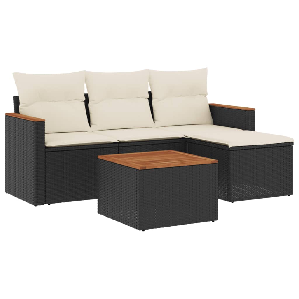 5-delige Loungeset met kussens poly rattan zwart