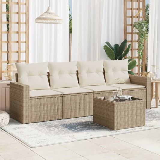 5-delige Loungeset met kussens poly rattan beige