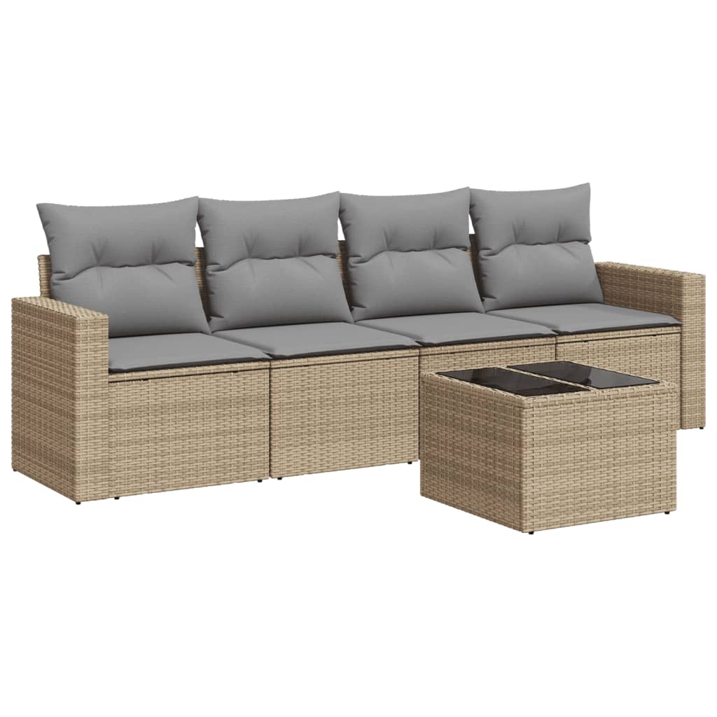 5-delige Loungeset met kussens poly rattan beige