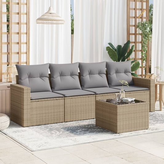 5-delige Loungeset met kussens poly rattan beige