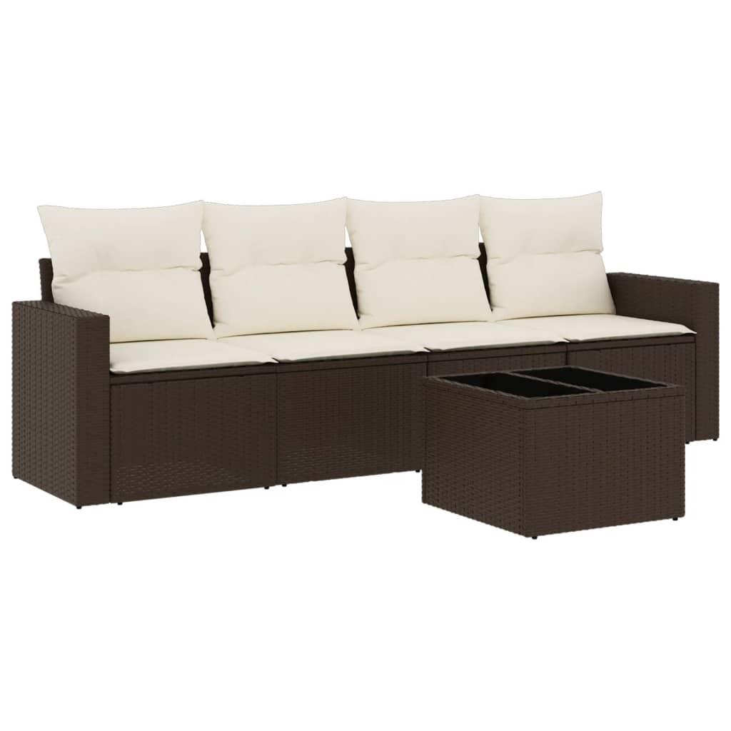 5-delige Loungeset met kussens poly rattan bruin