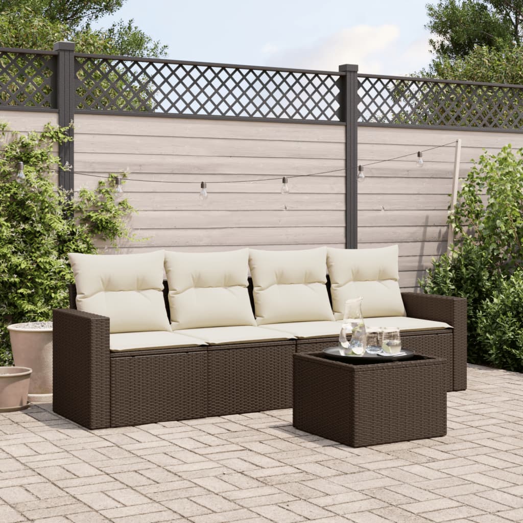 5-delige Loungeset met kussens poly rattan bruin